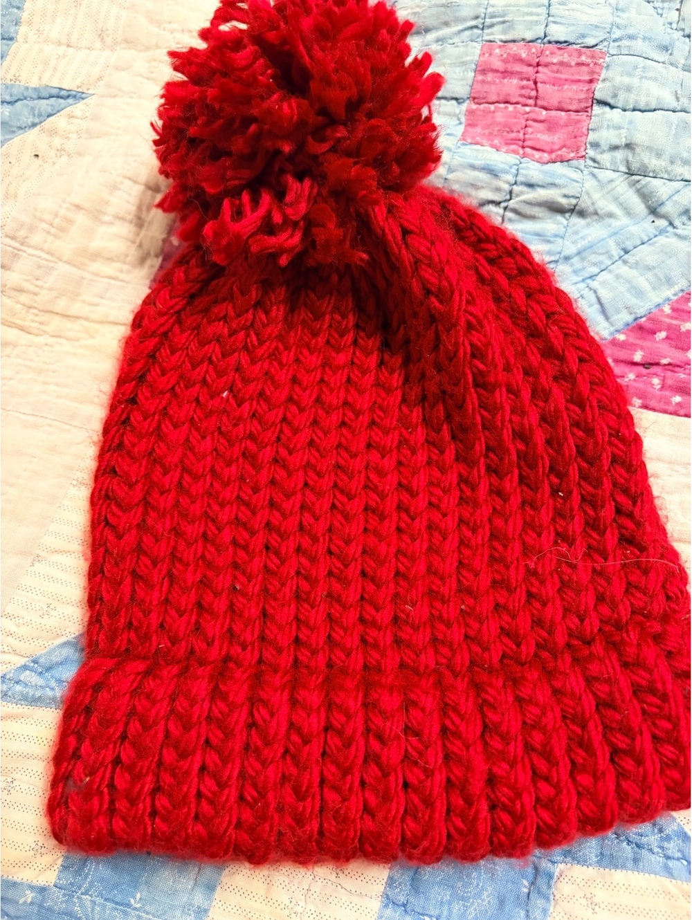 Handmade Chunky Knit Beanie Hat with Pom Pom Red Winter Cozy Ski Slouchy